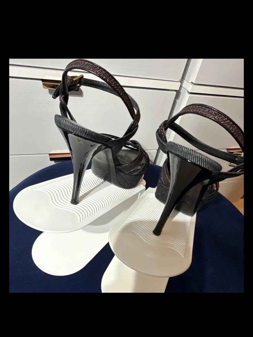 Saint Laurent Tribute Black Denim Ankle-Strap Platform Sandals